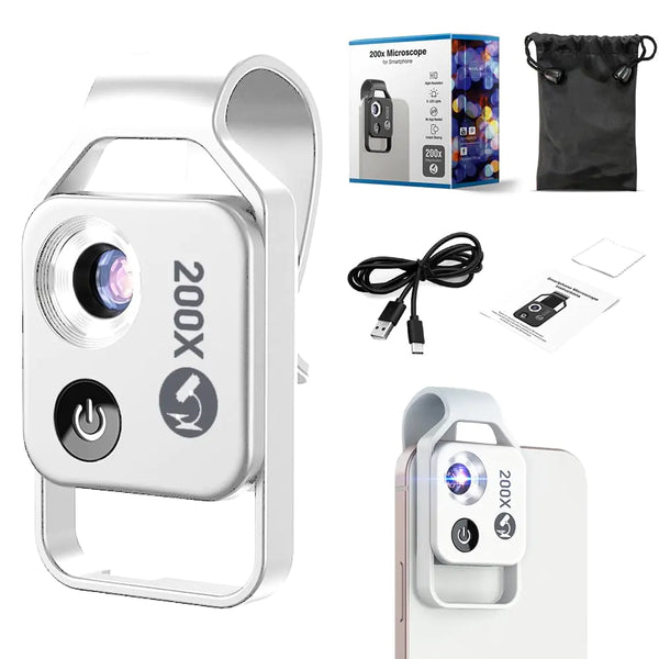 200x Magnification Zoom, 2024 New Pocket HD Phone Microscopes with LED Light Cell Phone Lens Attachments, Portable Microscopic Lens for Cell Smartphone (White) - Puck's