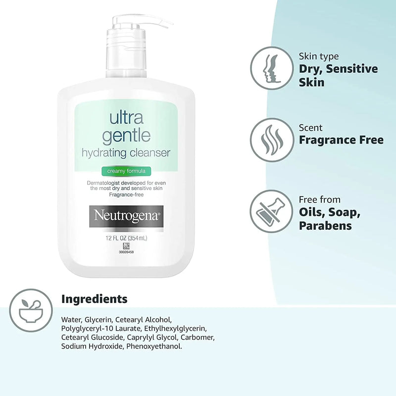 Ultra Gentle Hydrating Facial Cleanser, Non-Foaming Face Wash for Sensitive Skin, Gently Cleanses Face without over Drying, Oil-Free, Soap-Free, Fragrance-Free, 12 Fl. Oz - Puck's