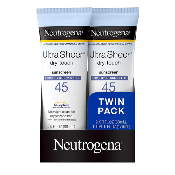 Ultra Sheer Dry-Touch Water Resistant and Non-Greasy Sunscreen Lotion with Broad Spectrum SPF 45, Tsa-Compliant Travel Size, 3 Fl Oz, Pack of 2, 6 Fl Oz - Puck's
