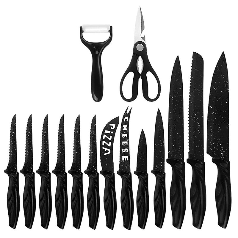 Kitchen 17 Pc Knife Set w/ Block & Sharpener Chef Bread Steak Knives - Puck's