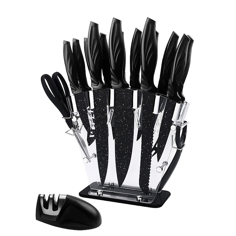 Kitchen 17 Pc Knife Set w/ Block & Sharpener Chef Bread Steak Knives - Puck's