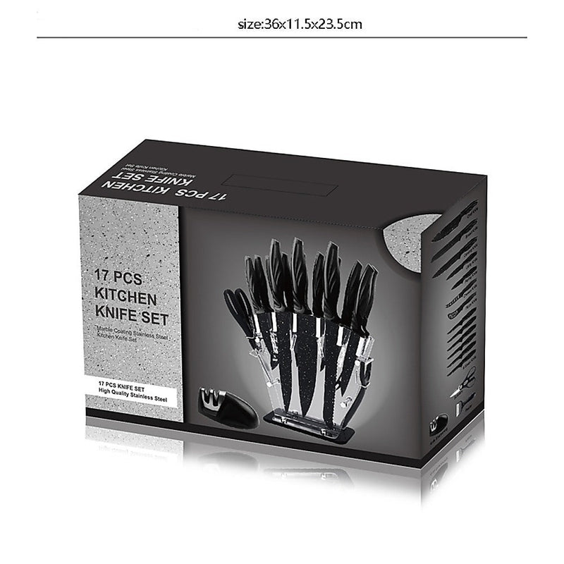 Kitchen 17 Pc Knife Set w/ Block & Sharpener Chef Bread Steak Knives - Puck's