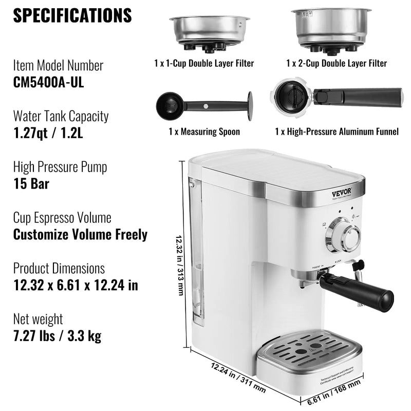 VEVOR Espresso Coffee Machine, 15Bar Semi-Automatic Espresso Maker - Puck's