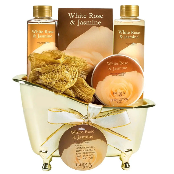 Valentine'S Day Bath and Body Gift Set for Her White Rose Jasmine Spa Bath Gift Set for Women in Elegant Gold Tub - Puck's