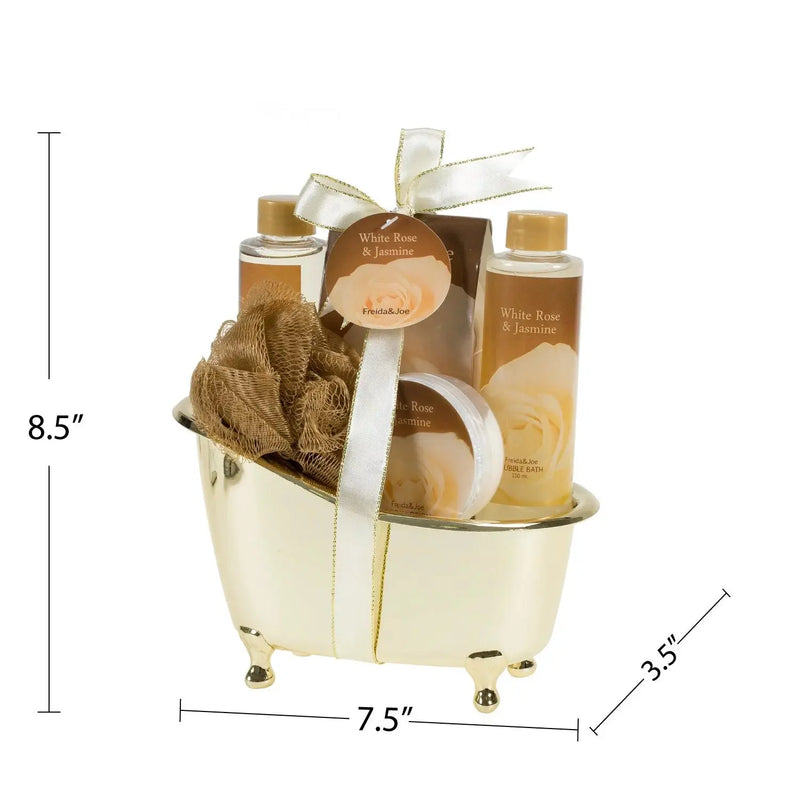 Valentine'S Day Bath and Body Gift Set for Her White Rose Jasmine Spa Bath Gift Set for Women in Elegant Gold Tub - Puck's