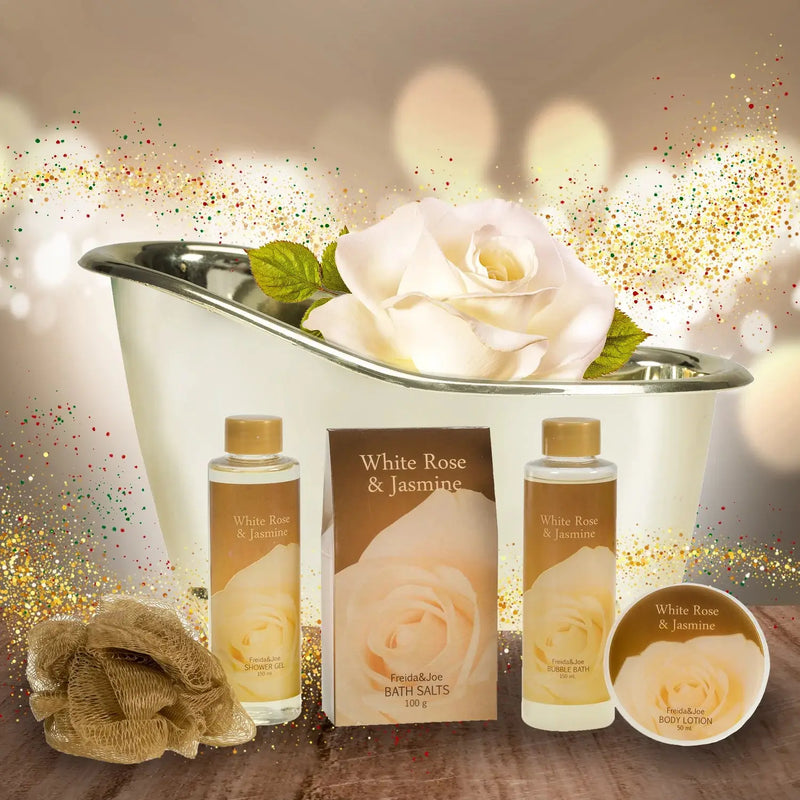 Valentine'S Day Bath and Body Gift Set for Her White Rose Jasmine Spa Bath Gift Set for Women in Elegant Gold Tub - Puck's