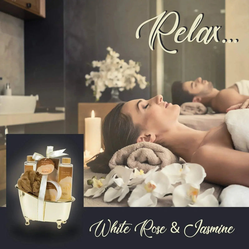 Valentine'S Day Bath and Body Gift Set for Her White Rose Jasmine Spa Bath Gift Set for Women in Elegant Gold Tub - Puck's