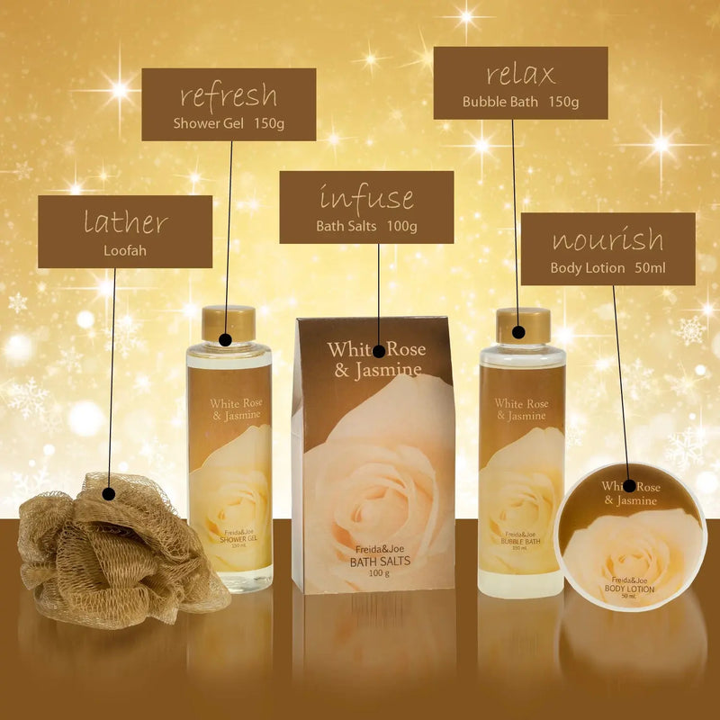Valentine'S Day Bath and Body Gift Set for Her White Rose Jasmine Spa Bath Gift Set for Women in Elegant Gold Tub - Puck's