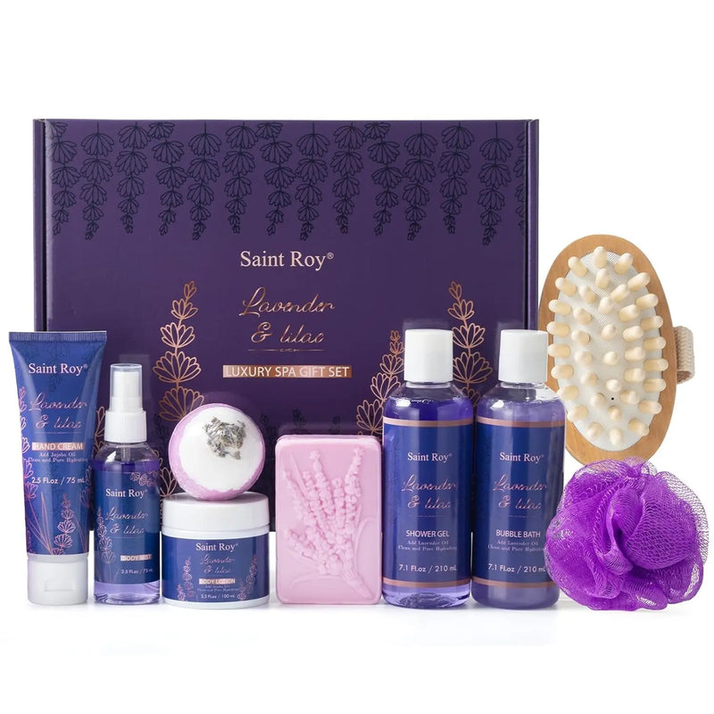 Valentines Day Gifts for Her Birthday Gifts for Women, Lavender Relaxing Spa Gifts Basket Set for Women, Self Care Gift Unique Idea for Mom Her with Massage Body Rush, Bath Bomb, Christmas Gift - Puck's