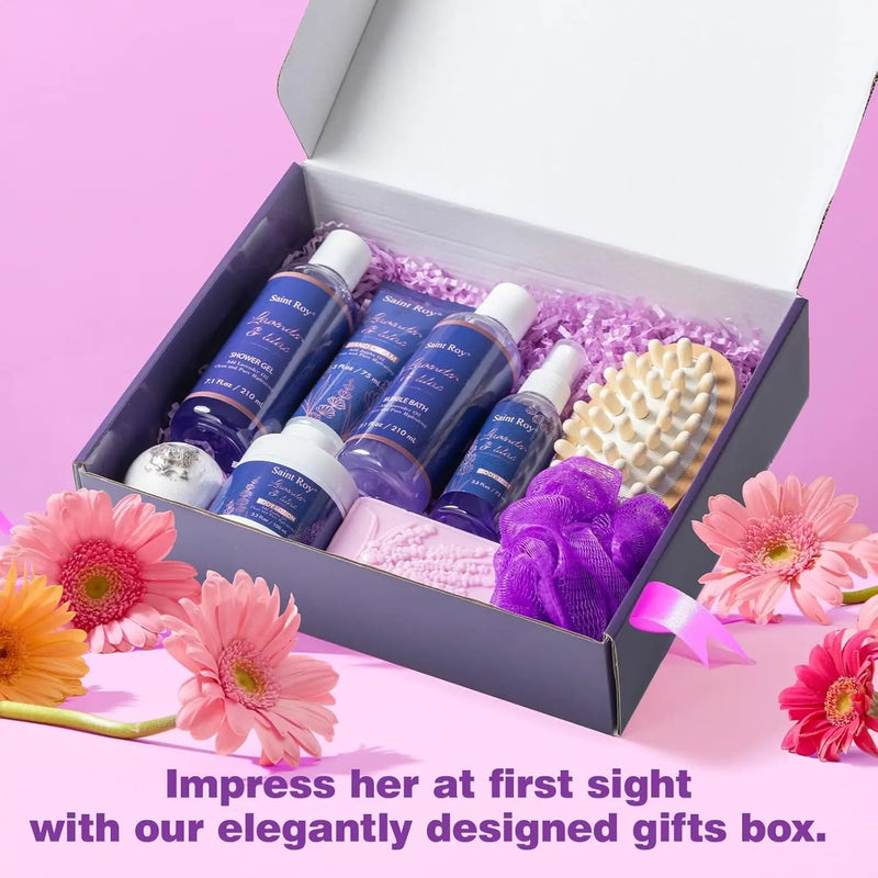 Valentines Day Gifts for Her Birthday Gifts for Women, Lavender Relaxing Spa Gifts Basket Set for Women, Self Care Gift Unique Idea for Mom Her with Massage Body Rush, Bath Bomb, Christmas Gift - Puck's