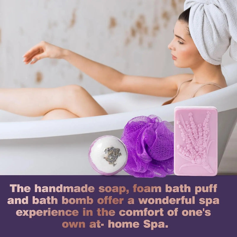 Valentines Day Gifts for Her Birthday Gifts for Women, Lavender Relaxing Spa Gifts Basket Set for Women, Self Care Gift Unique Idea for Mom Her with Massage Body Rush, Bath Bomb, Christmas Gift - Puck's