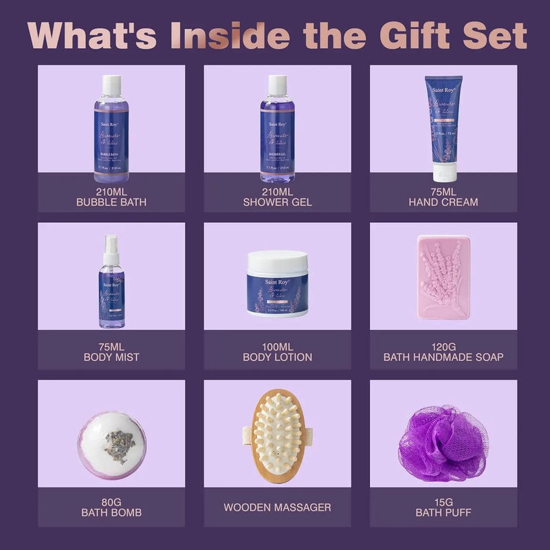 Valentines Day Gifts for Her Birthday Gifts for Women, Lavender Relaxing Spa Gifts Basket Set for Women, Self Care Gift Unique Idea for Mom Her with Massage Body Rush, Bath Bomb, Christmas Gift - Puck's