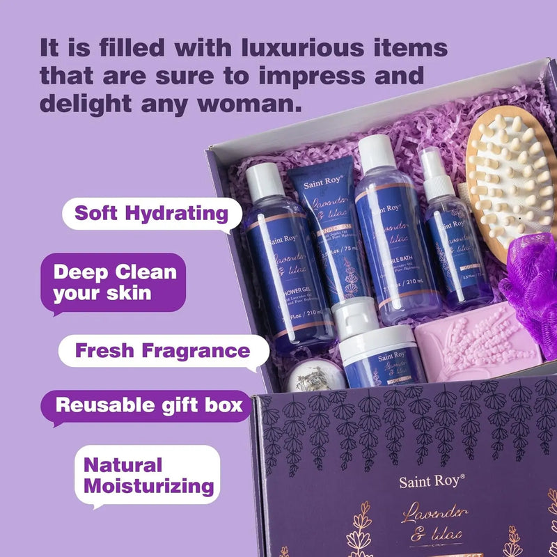 Valentines Day Gifts for Her Birthday Gifts for Women, Lavender Relaxing Spa Gifts Basket Set for Women, Self Care Gift Unique Idea for Mom Her with Massage Body Rush, Bath Bomb, Christmas Gift - Puck's