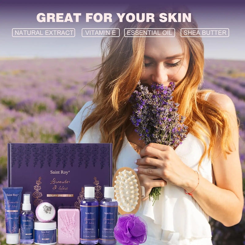 Valentines Day Gifts for Her Birthday Gifts for Women, Lavender Relaxing Spa Gifts Basket Set for Women, Self Care Gift Unique Idea for Mom Her with Massage Body Rush, Bath Bomb, Christmas Gift - Puck's
