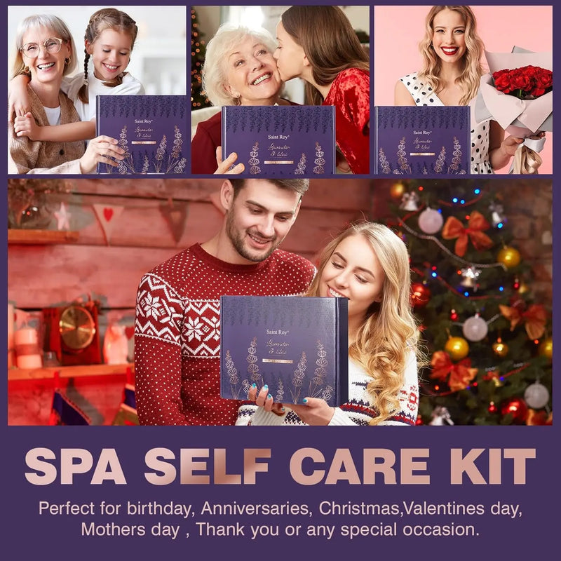 Valentines Day Gifts for Her Birthday Gifts for Women, Lavender Relaxing Spa Gifts Basket Set for Women, Self Care Gift Unique Idea for Mom Her with Massage Body Rush, Bath Bomb, Christmas Gift - Puck's