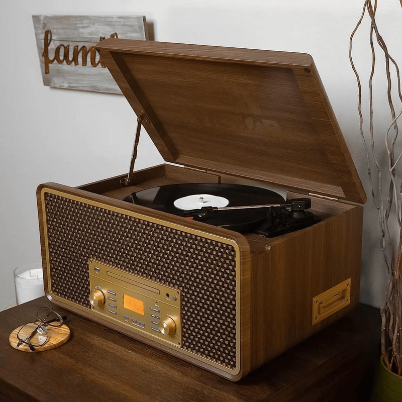 Victor Monument 8-in-1 Houten Muziekcentrum met 3-Snelheden Draaitafel & Dual - Puck's