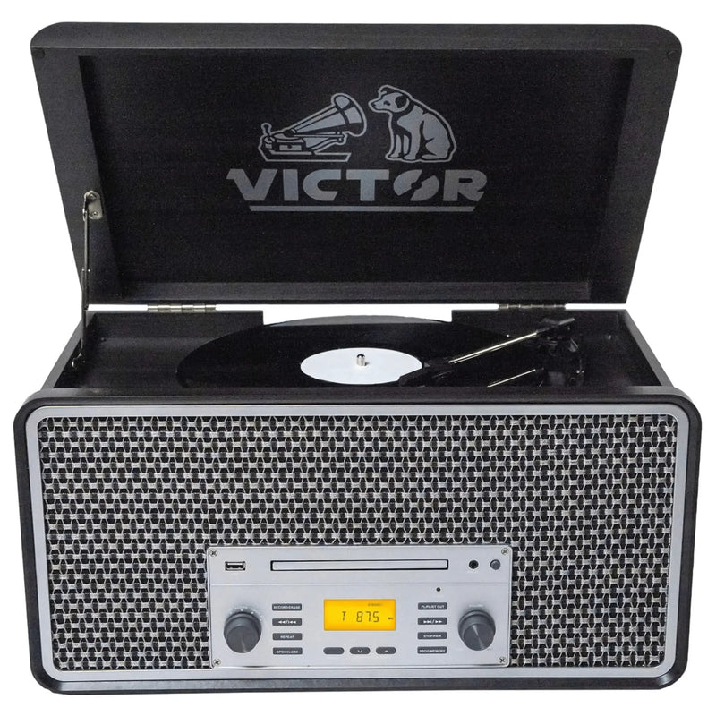 Victor Monument 8-in-1 Houten Muziekcentrum met 3-Snelheden Draaitafel & Dual - Puck's