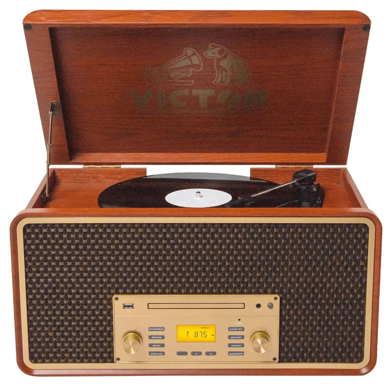 Victor Monument 8-in-1 Houten Muziekcentrum met 3-Snelheden Draaitafel & Dual - Puck's