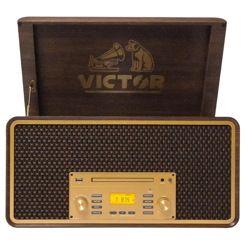 Victor Monument 8-in-1 Houten Muziekcentrum met 3-Snelheden Draaitafel & Dual - Puck's