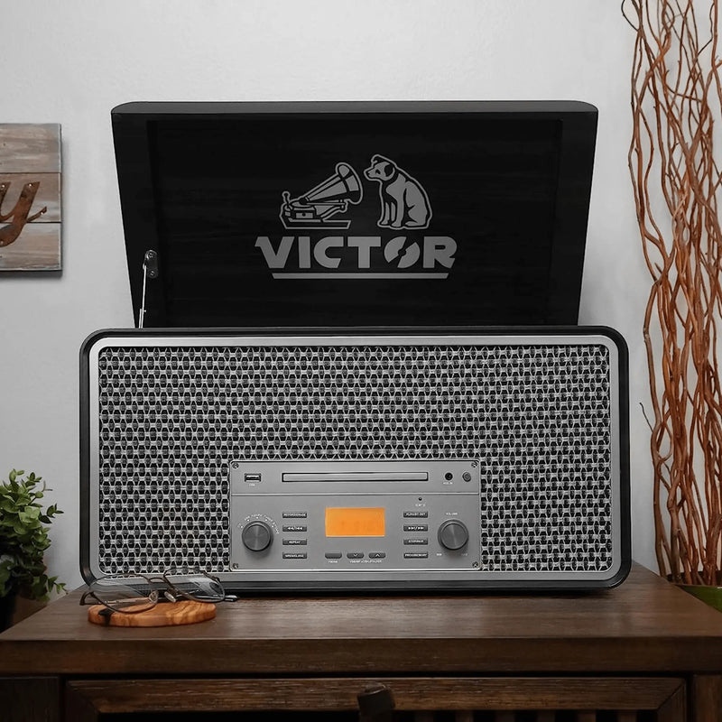Victor Monument 8-in-1 Houten Muziekcentrum met 3-Snelheden Draaitafel & Dual - Puck's