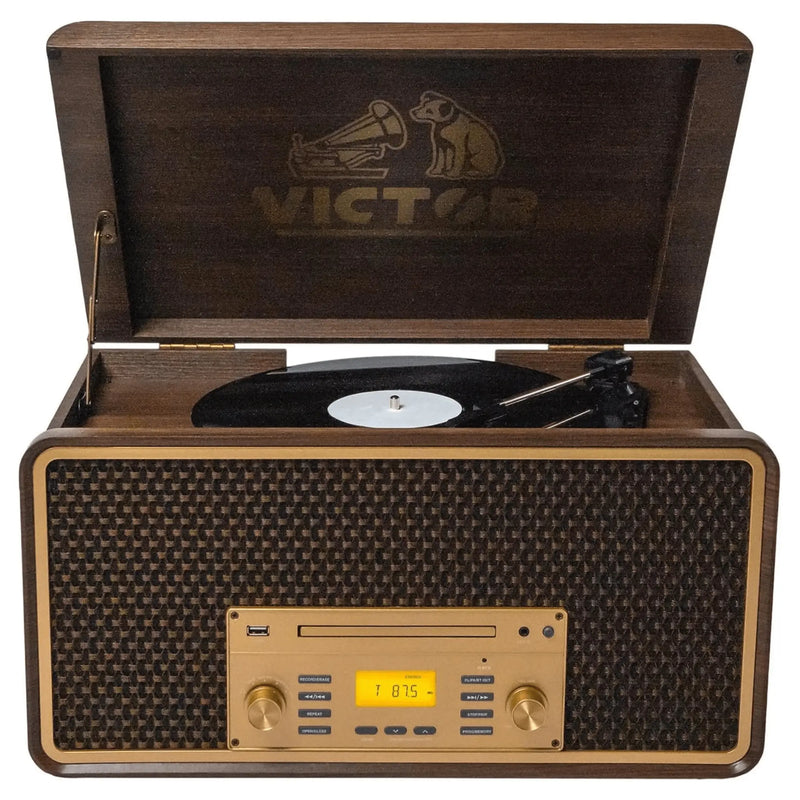 Victor Monument 8-in-1 Houten Muziekcentrum met 3-Snelheden Draaitafel & Dual - Puck's