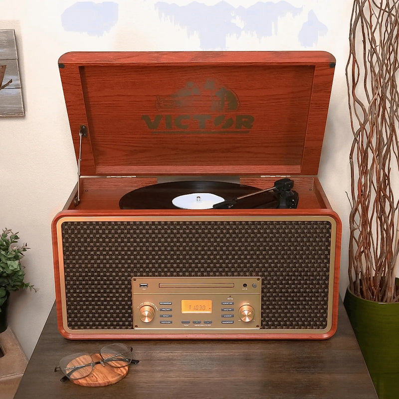 Victor Monument 8-in-1 Houten Muziekcentrum met 3-Snelheden Draaitafel & Dual - Puck's