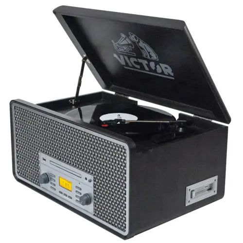 Victor Monument 8-in-1 Houten Muziekcentrum met 3-Snelheden Draaitafel & Dual - Puck's