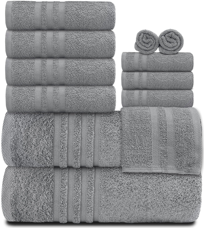 12 Pcs Bath Towel Set for Bathroom Wealuxe Collection 100% Cotton Light Gray - Puck's