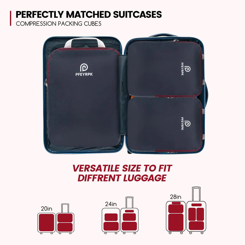 Lightweight Compression Packing Cubes for Suitcases, Compressible Expandable Travel Packing Organizer with Clear Toiletries and Backpack Bag, Travel Essentials for Carry on Luggage 7 Set Black/brownish Red - Puck's