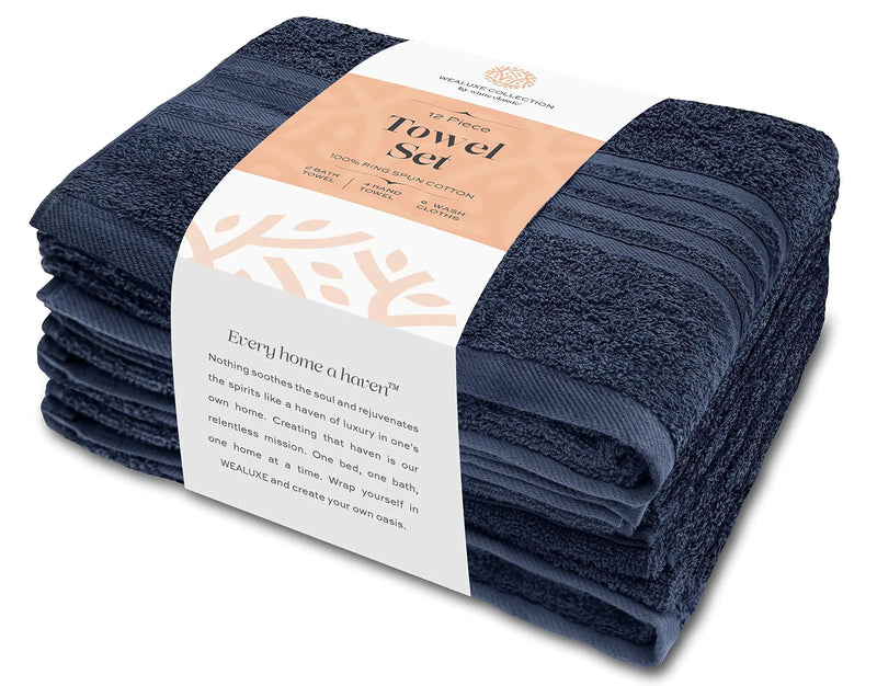 12 Pcs Bath Towel Set for Bathroom Wealuxe Collection 100% Cotton Soft Navy Blue - Puck's