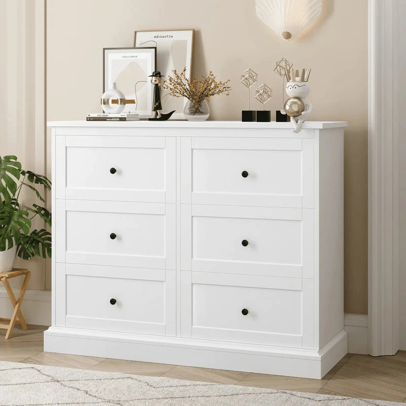 White Dresser with 6 Drawer , 42.5" Wide Double Dresser for Bedroom, Wooden Dresser Chest of Drawers - Puck's