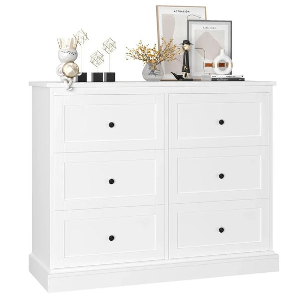 White Dresser with 6 Drawer , 42.5" Wide Double Dresser for Bedroom, Wooden Dresser Chest of Drawers - Puck's