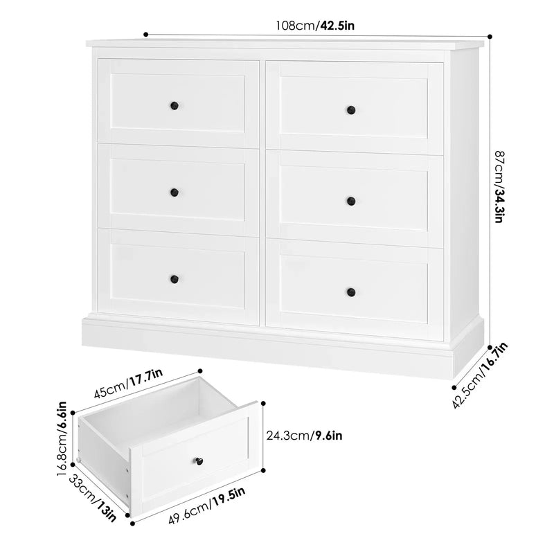 White Dresser with 6 Drawer , 42.5" Wide Double Dresser for Bedroom, Wooden Dresser Chest of Drawers - Puck's