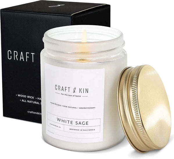 White Sage Scented Candle for Cleansing | 8 Oz 45 Hour Long Lasting | Classic Soy Candles Wood Wick | Made with Natural Soy | Gifts for Men and Women - Puck's