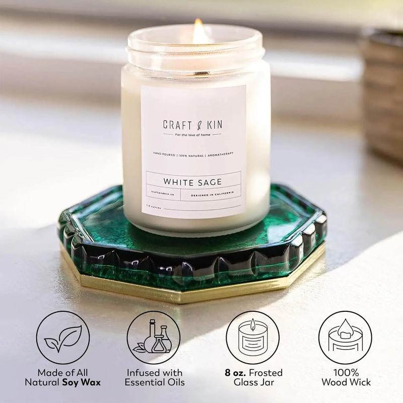 White Sage Scented Candle for Cleansing | 8 Oz 45 Hour Long Lasting | Classic Soy Candles Wood Wick | Made with Natural Soy | Gifts for Men and Women - Puck's