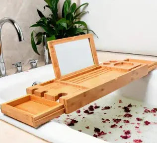 Wooden Bathroom Tray Stretchable Reading Rack Tablet Computer Stand Storage Box - Puck's