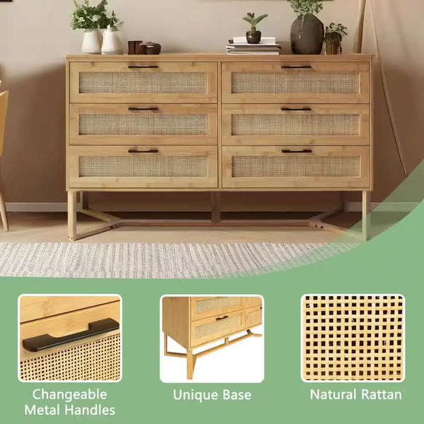 Yellow Bamboo 6-Drawer 47.4 In. W Dresser Rattan Chest of Drawer with Unique Base (29.7 In. H X 15.8 In. L) - Puck's