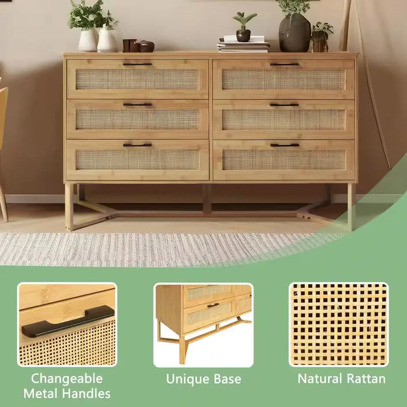 Yellow Bamboo 6-Drawer 47.4 In. W Dresser Rattan Chest of Drawer with Unique Base (29.7 In. H X 15.8 In. L) - Puck's