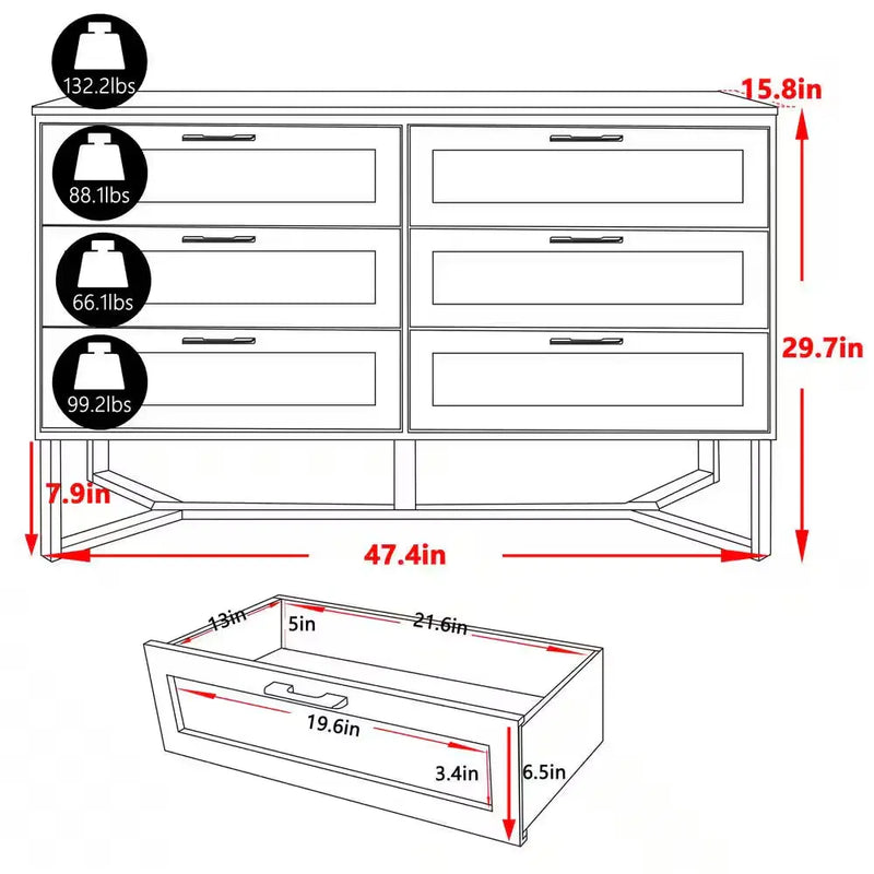 Yellow Bamboo 6-Drawer 47.4 In. W Dresser Rattan Chest of Drawer with Unique Base (29.7 In. H X 15.8 In. L) - Puck's