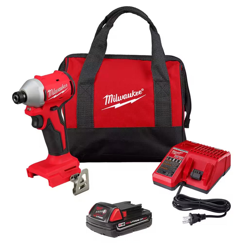 M18 18-Volt Lithium-Ion Compact Brushless Cordless 1/4 In. Impact Driver Kit with One 2.0 Ah Battery, Charger & Tool Bag - Puck's