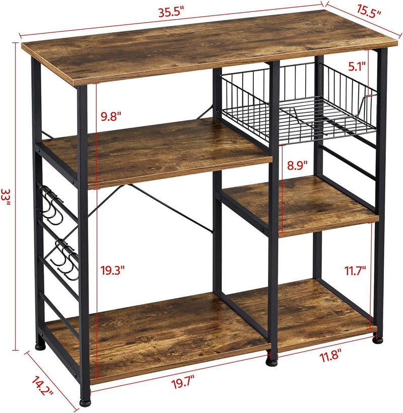 4-Tier Kitchen Baker'S Rack, Coffee Bar Microwave Stand Cart with Wire Basket & 6 Side Hooks, Kitchen Organizer Shelf for Spices/Utensils Foods, Rustic Brown - Puck's