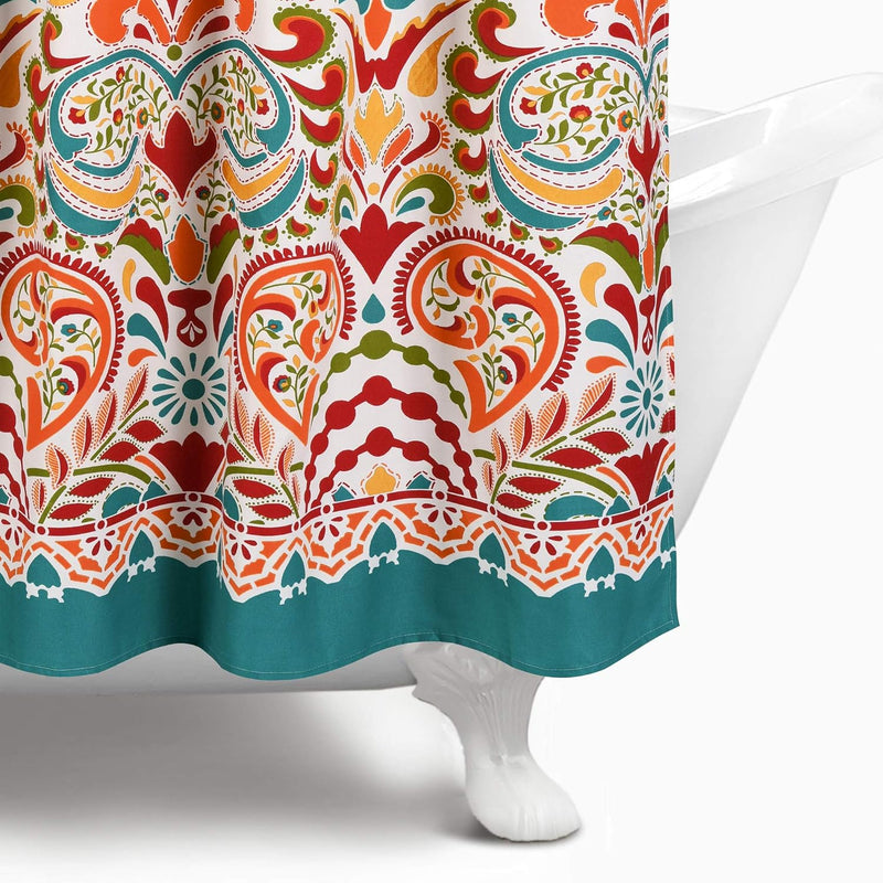 Clara Shower Curtain - Fabric Colorful Boho Paisley Damask Print Design, 72” X 72”, Turquiose & Tangerine - Puck's