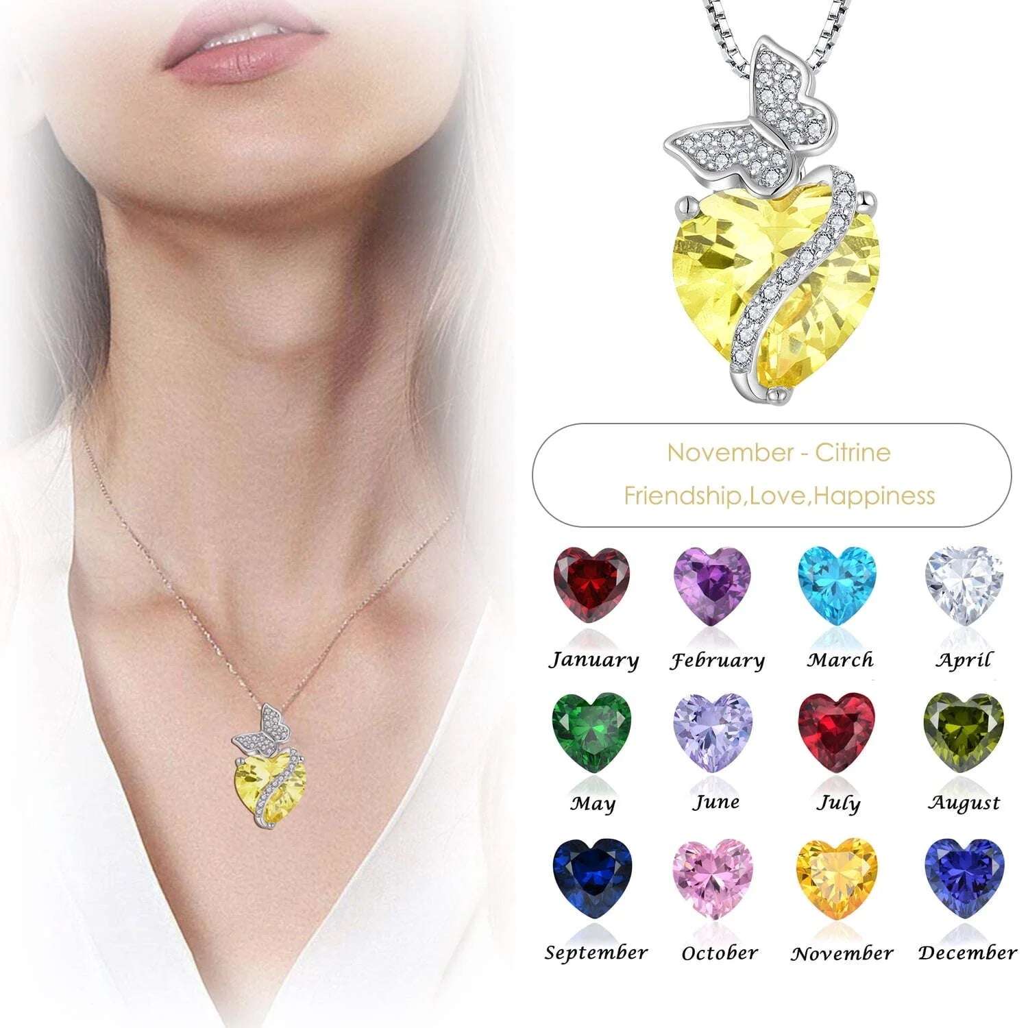 Sterling Silver November Birthstone Heart Necklace Butterfly Pendant Jewelry Gift for Women - Puck's