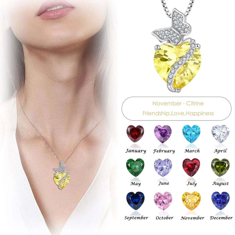 Sterling Silver November Birthstone Heart Necklace Butterfly Pendant Jewelry Gift for Women - Puck's