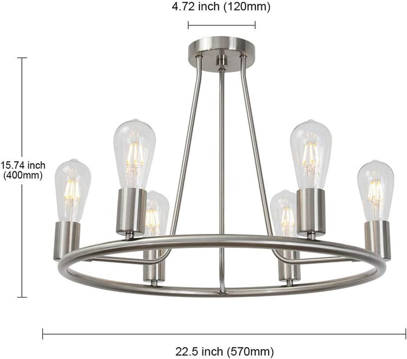 round Farmhouse Chandelier Lighting 6-Light Modern Indoor Ceiling Lights Brushed Nickel Mid Century Flush Mount Light Fixtures Ceiling Kitchen Island Dining Room Lighting UL Listed - Puck's