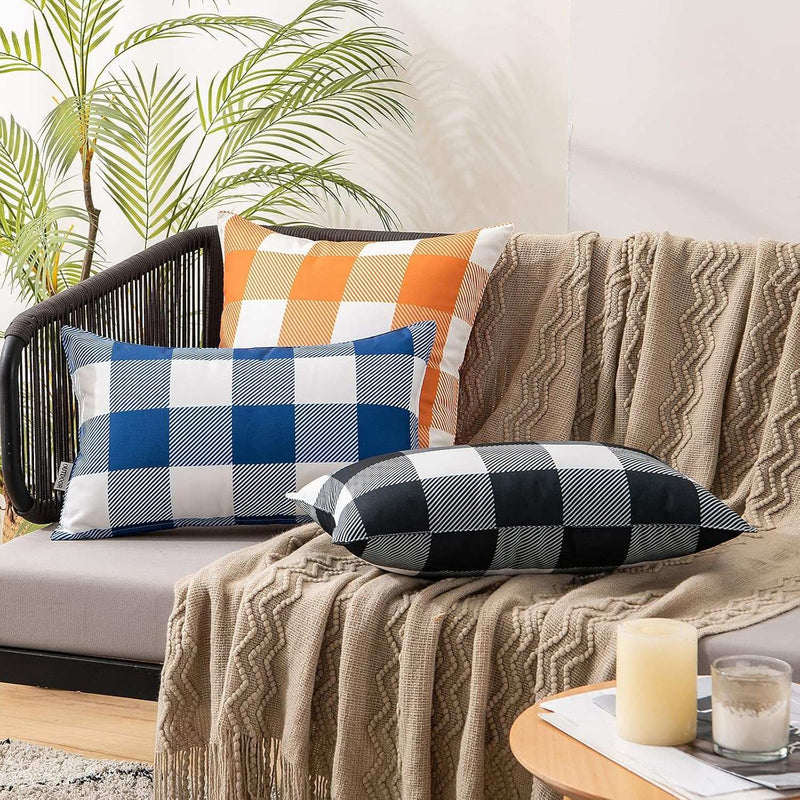 Plaids Pillow Covers Checkered Throw Pillow Covers Outdoor Waterproof Decorative Pillowcases Set of 2 for Sofa Couch Living Room Patio Garden 12X20 Inch, Navy Blue - Puck's