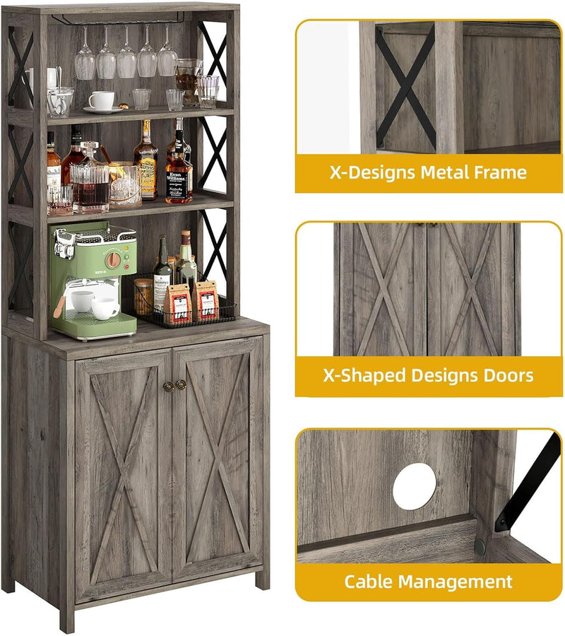 67" Tall Wine Bar Cabinet for Liquor and Glasses, Farmhouse Kitchen - Puck's