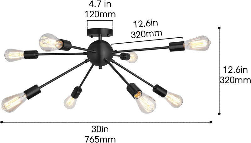 Sputnik Chandelier 8 Lights Semi Flush Mount Ceiling Light Modern Pendant Light Fixture, Black, Bedroom Dining Room Kitchen Living Room - Puck's