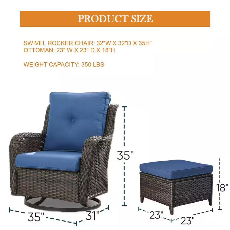 Carolina Brown Swivel Rocking Wicker Outdoor Lounge Chair with Blue Cushions with Ottomans - Puck's