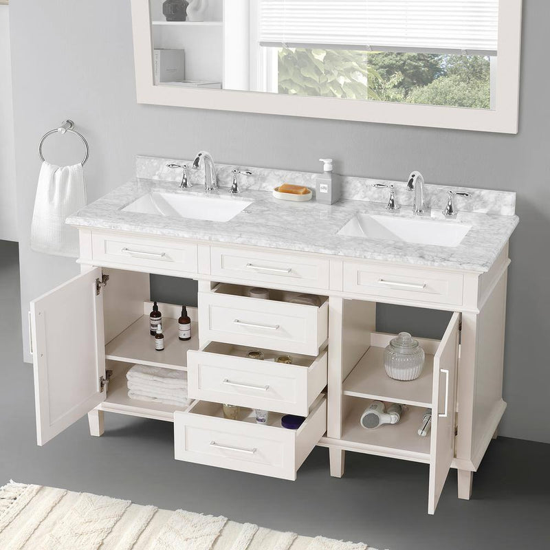 Sonoma 60 In. Dubbele wastafel off white badmeubel met Carrara marmeren blad (gemonteerd) - Puck's